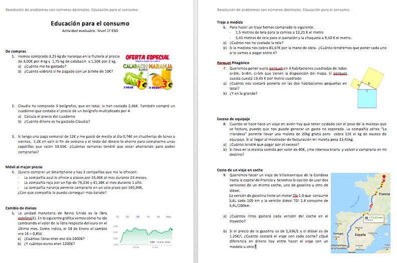 educación para el consumo problemas números decimales